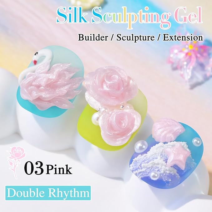 Double Rhythm 3D Nail Gel Pearl Solid Sculpting Gel for Nail Art Non-Sticky Hard for Building Carving Molding Extension Soak Off UV/LED Nail Art Salon Home DIY 0.5 Oz (Light Pink-Silk 03)