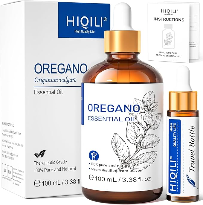 HIQILI 100 ML Oregano Essential Oil, 100% Pure Natural Oregano Oil for Diffuser, Skin, Cleaning - 3.38 Fl Oz