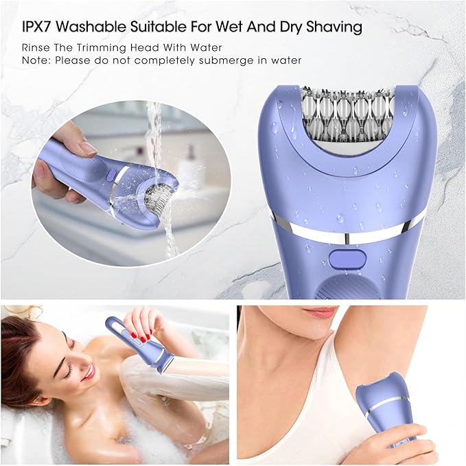 Epilator for Women, 7 in 1 Hair Removal for Women, Body Shaver, Bikini Trimmer, Face Razor, Facial Brush, Face Massage, Foot Callus Remover, IPX7 Waterproof Electric Shavers, Ideal Female Gift
