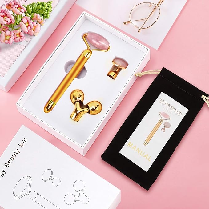 3-IN-1 Electric Jade Roller 3D Roller Facial Roller & Face Massager,Gold