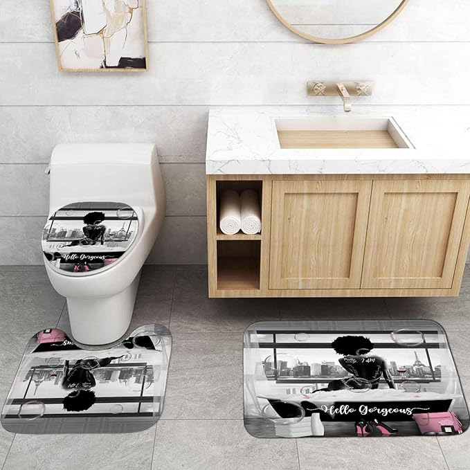 4PCS Sexy African American Women Shower Curtain Sets with Rugs, Waterproof Fabric Black White Shower Curtain, Hello Gorgeous Positive Quotes Black Girl Afro Black Woman Fashion Bathroom Decor