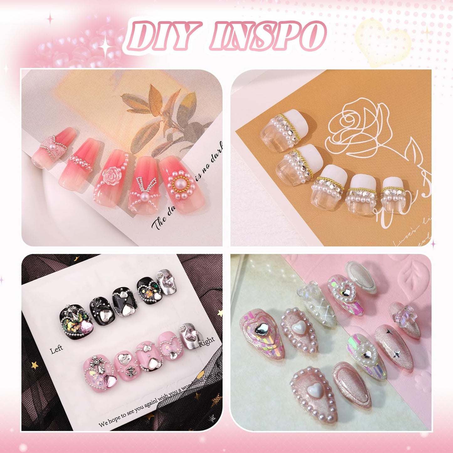 2 Boxes Flatback Pearls (White+Beige) and Silver+Gold Nail Beads for Nail Art with Rhinestone Glue Gel, Pearl Nail Charms and Gems and Small Round Caviar Beads for Acrylic Nail Tips Manicure