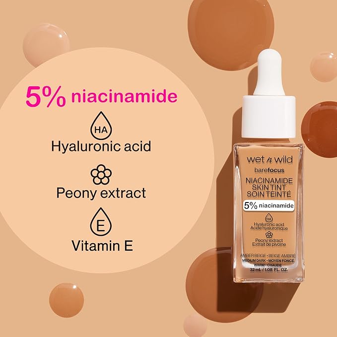 wet n wild Bare Focus Skin Tint, 5% Niacinamide Enriched, Buildable Sheer Lightweight Coverage, Natural Radiant Finish, Hyaluronic & Vitamin Hydration Boost, Cruelty-Free & Vegan - Buff
