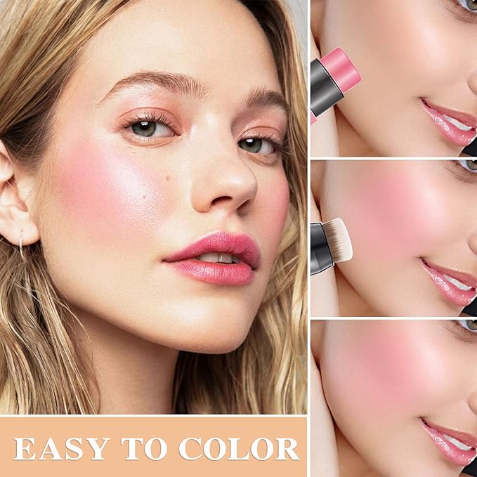 Cream Blush Stick with Brush,Waterproof Multi Cream Makeup Stick,Lightweight,Long-lasting,2 in 1 Multi Blush for Cheeks & Lip Tint & Eyeshadow Makeup(#01 Milk Tea Pink)