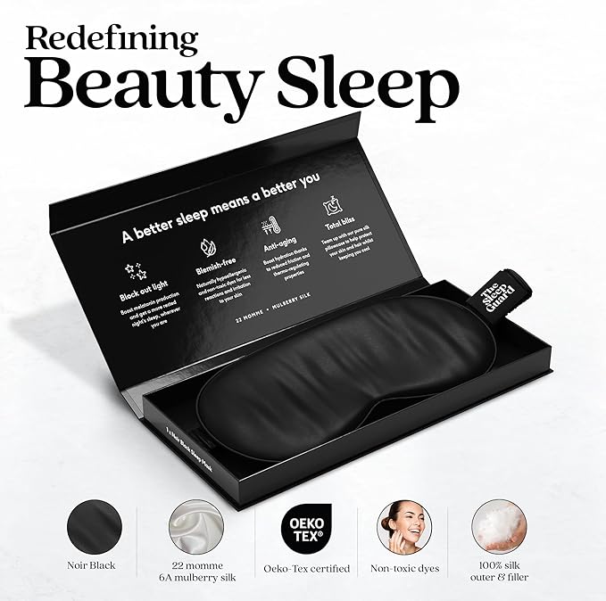 Pure Silk Sleep Mask [100% 6A Mulberry Silk, 22 Momme] Light Blocking Travel Essentials. Eye Masks for Sleeping. Black Oeko-Tex Blindfold. Eye Covers for Men & Women