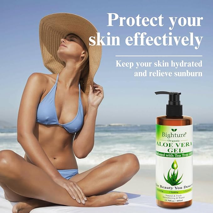 Aloe Vera Gel with Tea Tree Oil for Face, Skin, Hair, Sunburn relief, Organic Aloe Vera Gel from Freshly cut 100% Pure Aloe,13.7oz