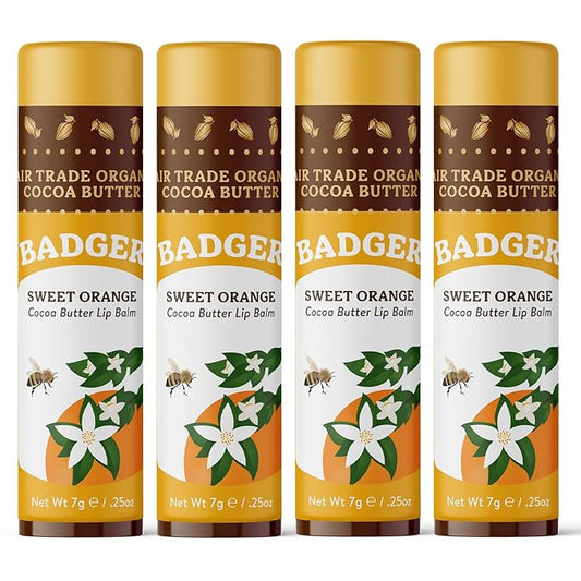 Badger - Cocoa Butter Lip Balm, Sweet Orange, Certified Organic Lip Balm, Fair Trade, Lip Butter, Lip Balm Cocoa Butter, Cocoa Care Lip Balm, 0.25 oz (4 Pack)