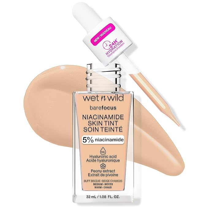 wet n wild Bare Focus Skin Tint, 5% Niacinamide Enriched, Buildable Sheer Lightweight Coverage, Natural Radiant Finish, Hyaluronic & Vitamin Hydration Boost, Cruelty-Free & Vegan - Buff Bisque