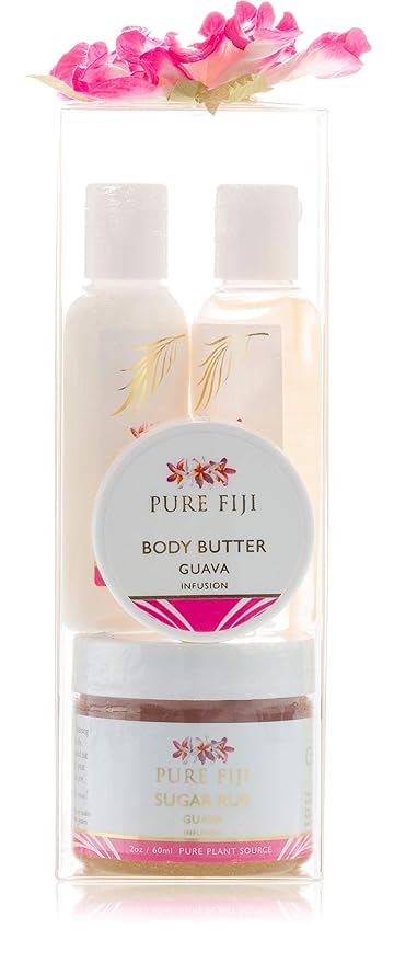 Pure Fiji Spa Gift for Women - Body Gift Box Include:Body Lotion 1Fl.Oz, Nourishing Exotic Oil 1 Fl.Oz, Body Butter 0.5oz & Sugar Rub 2oz, Scent Guava