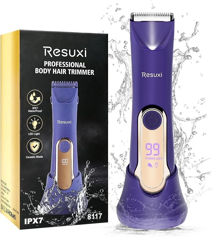 RESUXI Electric Bikini Trimmer for Women,Pubic Hair Trimmer Ceramic Blade Electric Razors Shaver for Underarm Leg Arm Body Hair Private Area,Wet/Dry IPX7 Waterproof Rechargeable LCD Display LED Light