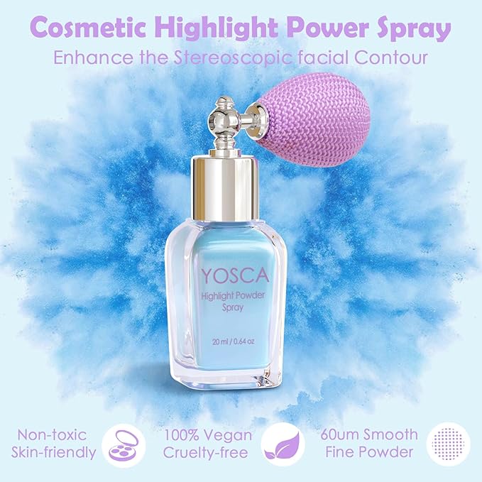Yosca Highlighter Powder Spray, 20ML Cosmetic Grade Shimmer Powder Blue Glitter Spray Sparkle Highlighter Makeup Festival Concert Accessorise for Rave Clothes Hair Face Nail Art - Cedre Lake