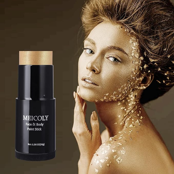MEICOLY Gold Face Body Paint Stick(1.06 Oz),Cream Blendable Face Paint,Sweatproof Waterproof Body Paint Makeup for Halloween Special Effects SFX Cosplay,Metallic Gold