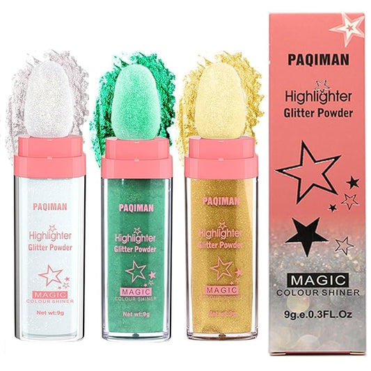 3 Colors Glitter Powder Highlighter Makeup, Body Brightens the Natural Three-Dimensional Face Blusher Fairy Highlight Patting Powder. (01#White Moonbeam/04# Green/05# Gold)
