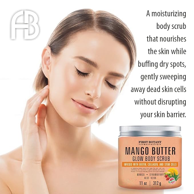 Mango Butter Body Scrub Exfoliator Biotin, Collagen, Stem Cells - Natural Exfoliating Salt Scrub & Body and Face Souffle helps with Moisturizing Skin, Acne, Cellulite, Dead Skin Scars, Wrinkles- 11 oz