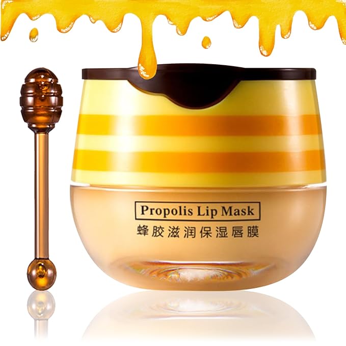 Lip Balm Honey Pot,Moisturizing Lip Balm Reduces Lip Lines,Propolis Honey Pot Lip Balm Hydrating Prevention Dry and Cracked Lip Scrubs Exfoliator,Exfoliating Lip Sleeping Mask with Brush