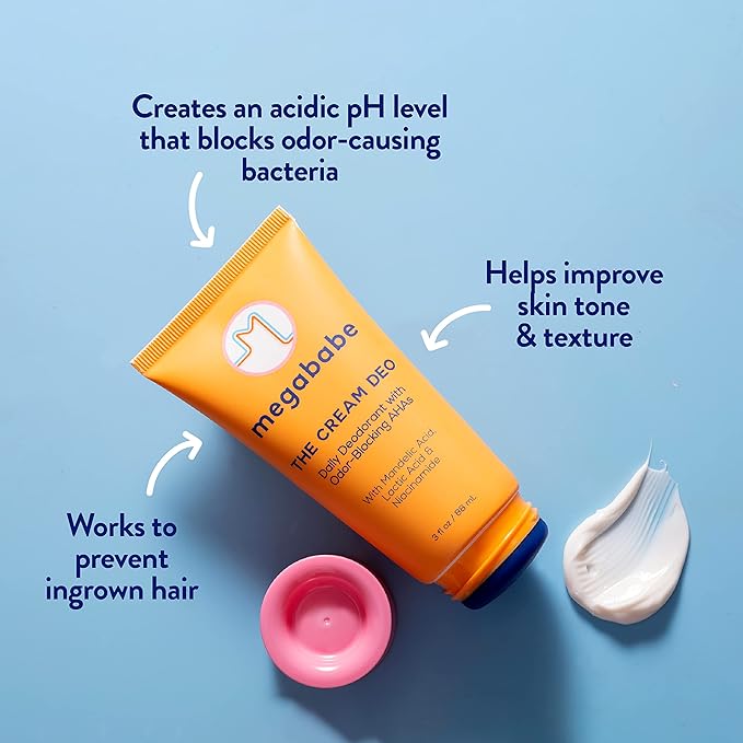 Megababe Daily Deodorant - The Cream Deo with Odor-Blocking AHAs | Treats & Prevents Ingrown Hair | Aluminum-Free, All Natural | Free from Parabens, Sulfates & Phthalates | 3 fl oz