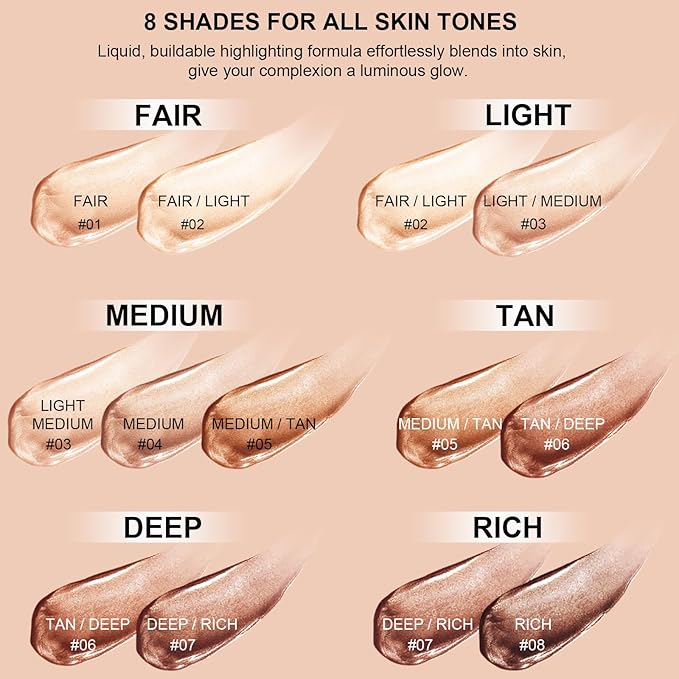 Natural Glow Liquid Filter Makeup, Longwear Face Luminizer, Complexion Booster For Any Part of the Body, Liquid Highlighter with Brush Kit, Infused Hyaluronic Acid, 1.06 fl oz (#07 DEEP/RICH)
