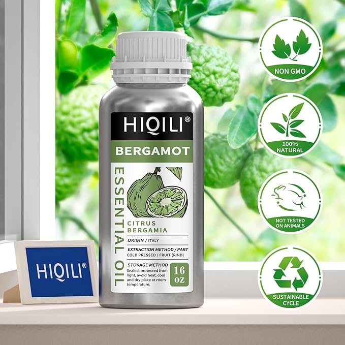 HIQILI Bergamot Essential Oil for Diffuser, Skin, Hair, DIY, 100% Pure & Natural - 16 Fl Oz (500 mL)