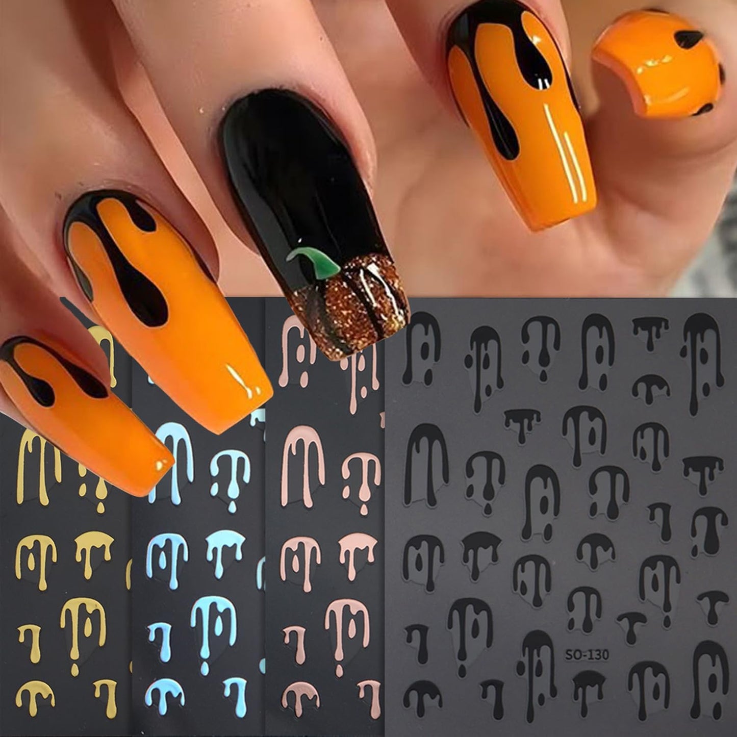 4pcs Halloween Nails Art Stickers -3D Self-Adhesive Nails Supply Black Gold Rose Gold Blood Dropping Design Y2K Scary Blood Nail Decals Sliders Halloween Laser Sliver Bloody DIY Manicure Decor