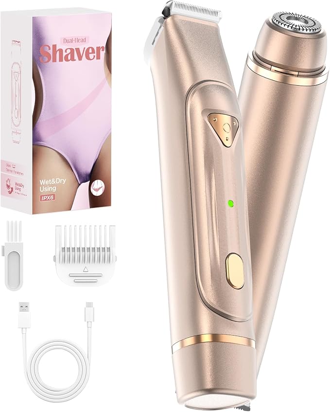 Dermave Bikini Shaver - Bikini Trimmer for Women, Waterproof Dual Head Shaver (Gold)