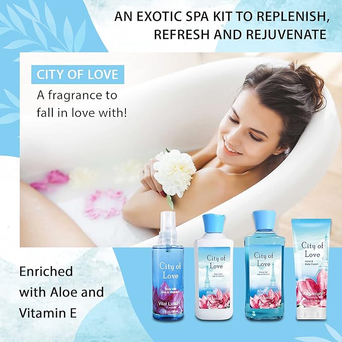 Bath & Body Kit, 3 Fl Oz, Ideal Skincare Gift Home Spa Set, Includes Body Lotion, Shower Gel, Body Cream, and Fragrance Mist, Birthday Mother's Valentine's Day Gifts(City of Love)