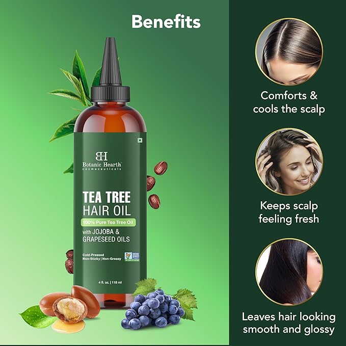Botanic Hearth Tea Tree Oil For Hair (4 Fl Oz) | With Jojoba & Grapeseed Oils | Soothes Itchy Scalp & Fights Dandruff | Non Gmo Verified