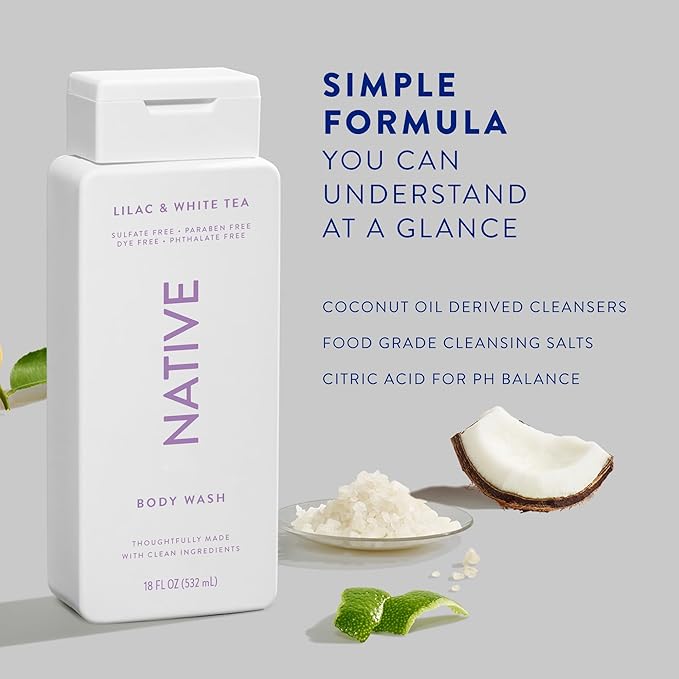 Native Body Wash Contains Naturally Derived Ingredients | For Women & Men, Sulfate, Paraben, & Dye Free Leaving Skin Soft and Hydrating | Lilac & White Tea 18 oz - 2 Pk