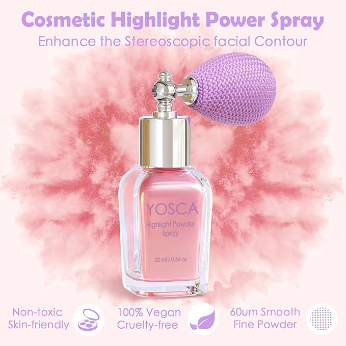 Yosca Highlighter Powder Spray, 20ML Cosmetic Grade Shimmer Powder Pink Glitter Spray Sparkle Highlighter Makeup Festival Concert Accessorise for Rave Clothes Hair Face Nail Art - Taromash