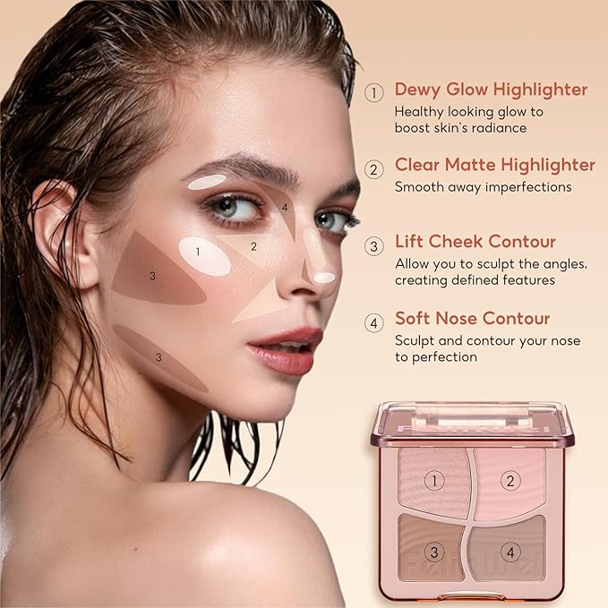 Highlight Contour Makeup Palette Effortless Blending Matte Shimmer Highlighter Palette and Bronzer Powder for Cool Toned Skin with Brush