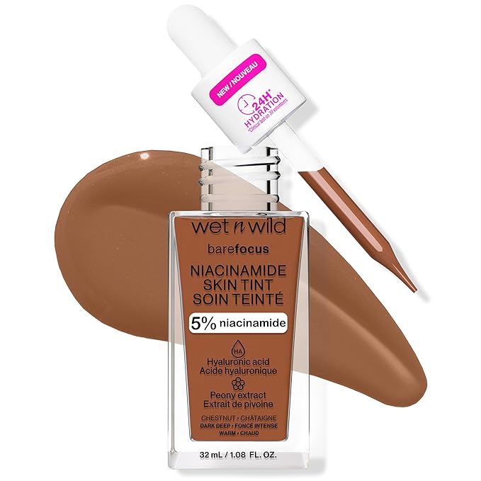 wet n wild Bare Focus Skin Tint, 5% Niacinamide Enriched, Buildable Sheer Lightweight Coverage, Natural Radiant Finish, Hyaluronic & Vitamin Hydration Boost, Cruelty-Free & Vegan - Chestnut