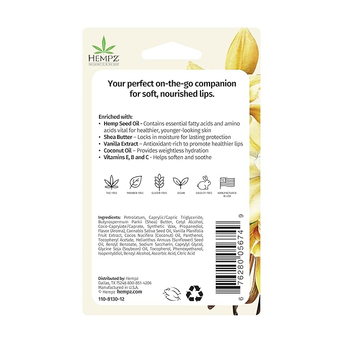 Hempz NEW Vanilla Lip Butter Balm, Soothing and Hydrating Lip Care for Men or Women, .44oz
