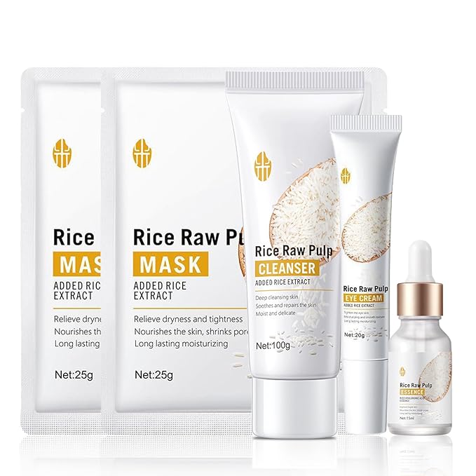 Rice Skin Care Sets For Women, 5/6Pcs Skin Care Kit, Moisturizing Skin Care Gift Set , Face Care Kit Inclusde Rice Mask, Cleanser, Toner, Lotion, Eyecream, Face Serum (5pcs Rice Raw Pulp)