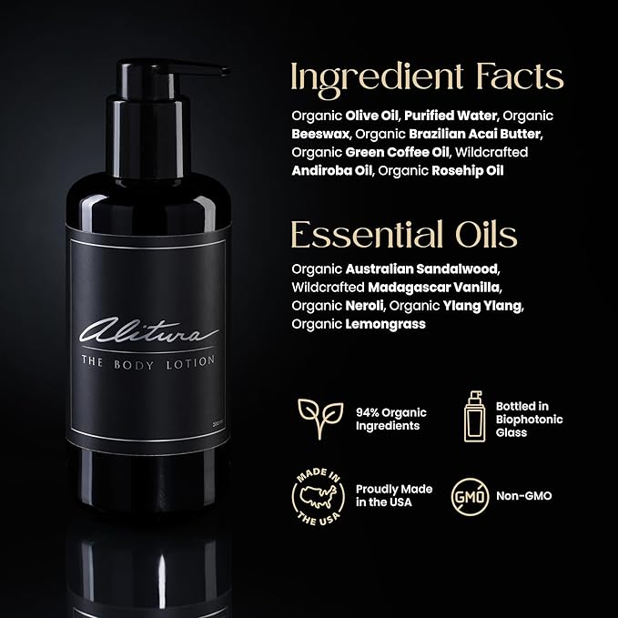 Alitura Naturals Organic Face & Body Lotion – Anti-Aging Moisturizer with Olive Oil & Acai Butter – Hydrating Cream for Dry, Sensitive & Aging Skin – For Men & Women – 200ml