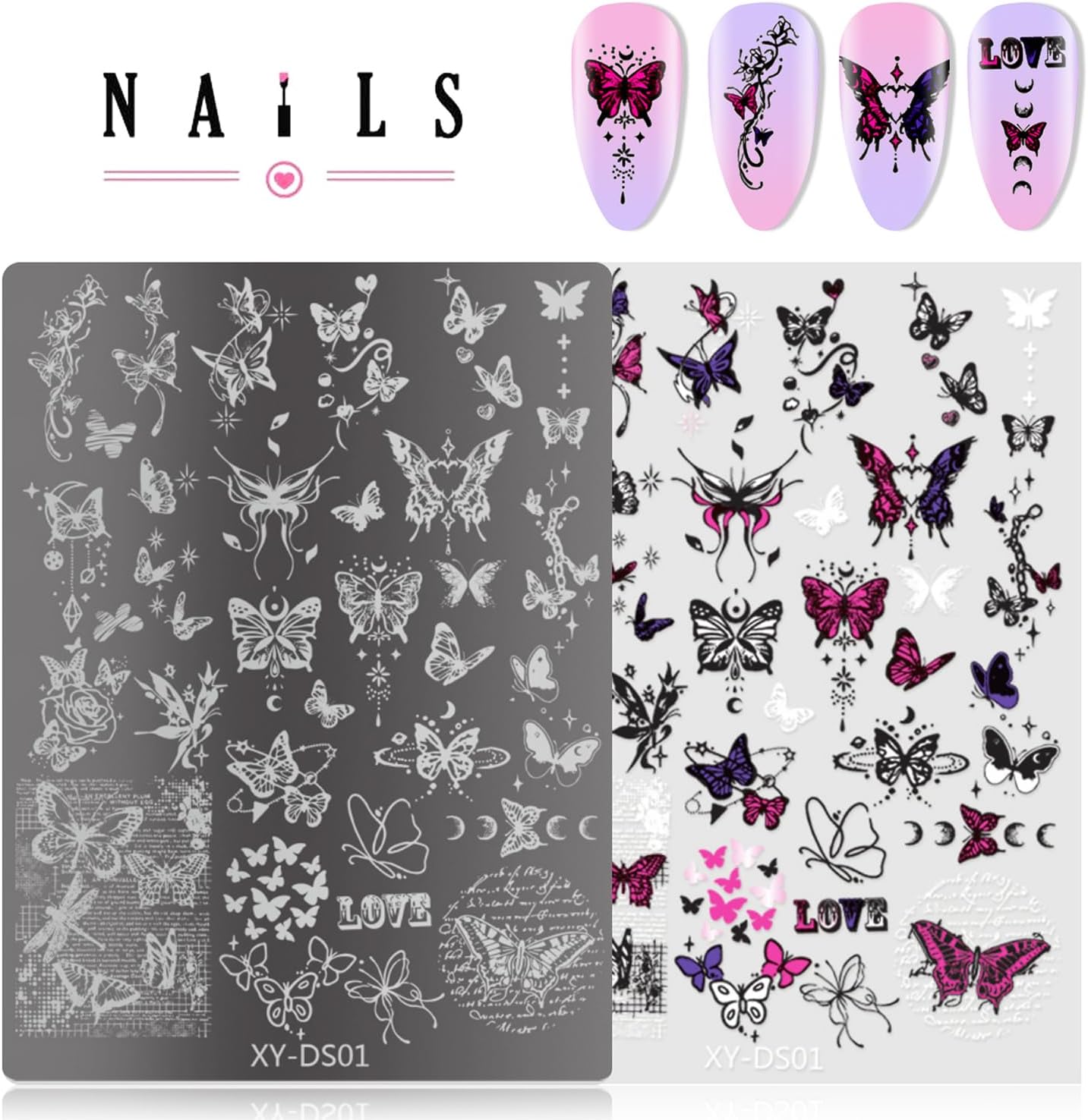 4Pcs Gothic Cute Nail Stamping Plate Set - Dark Kawaii Nail Art Templates, Stainless Steel Spooky Sweet Nail Stamp Plates with Skull & Lace Patterns for Halloween DIY Manicure Printing Tools