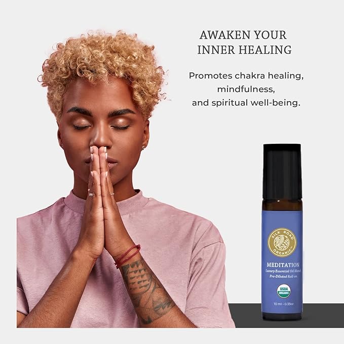 Silk Road Organic Meditation Essential Oil Empowering Blend Roll On,100% Pure USDA Certified Aromatherapy for Chakra Healing, Focus, Calming, Mindfulness & Spiritual Well-Being - 10ml Roller