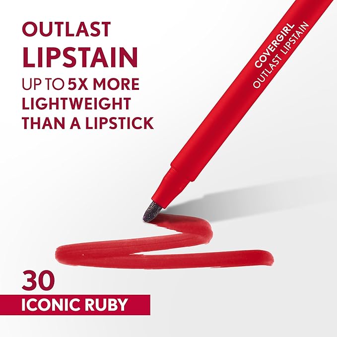 COVERGIRL Outlast, 30 Iconic Ruby, Lipstain, Smooth Application, Precise Pen-Like Tip, Transfer-Proof, Satin Stained Finish, Vegan Formula, 0.06oz