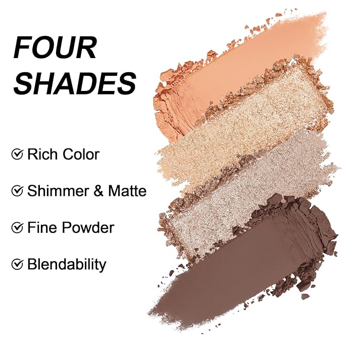 Erinde 4 Colors Eyeshadow Palette Eye Shadow Makeup, Matte Shimmer Metallic Peach Champagne Dark Brown Nude Neutral Eyeshadow, Long Wearing, Velvety Pigmented Blendable, Quad Eye Shadow Palette, 02