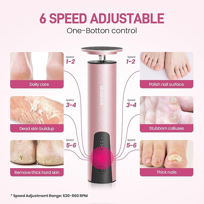 Electric Foot Callus Remover, 2 in 1 | 6 Speed Adjustable Foot File Nail Grinder with Sandpaper Disks, Professional Sander Pedicure Tool for Feet Dead Skin, Self Care Gifts for Women Mom Lover Friends