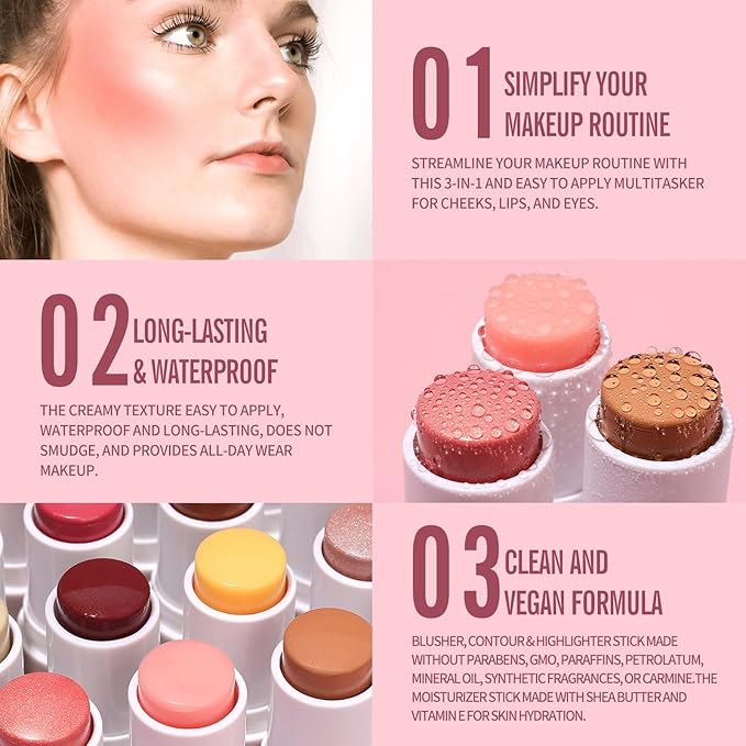 KIMUSE Multi Stick Trio Face Makeup, Cream Blush Stick for Cheeks & Lips, Moisturizer & Contour Makeup Sticks for All Skin,PEACHY PINK