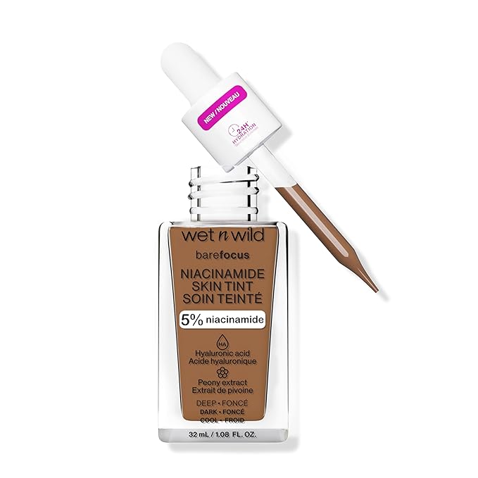 wet n wild Bare Focus Skin Tint, 5% Niacinamide Enriched, Buildable Sheer Lightweight Coverage, Natural Radiant Finish, Hyaluronic & Vitamin Hydration Boost, Cruelty-Free & Vegan - Deep