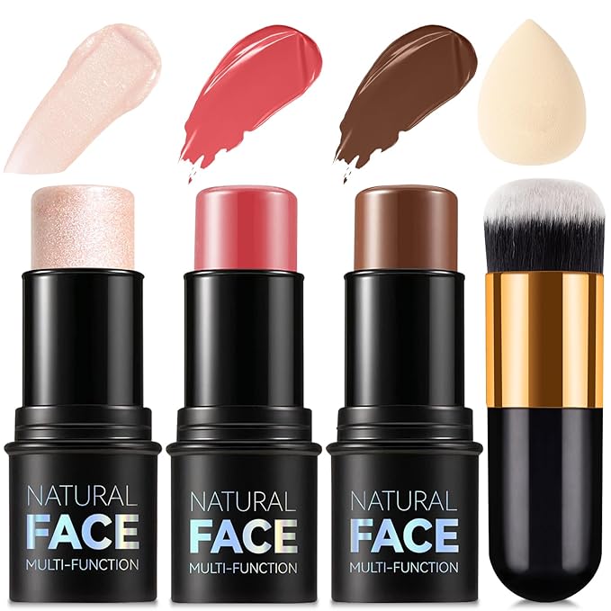 3 Pcs Contour Stick, Highlighter Stick, Blush Stick, Cream Contour Kit with Contour Brush, Create Face Contour, Non-greasy, Waterproof Long-lasting Effect for Women (2+5+6,LIGHT MEDIUM)