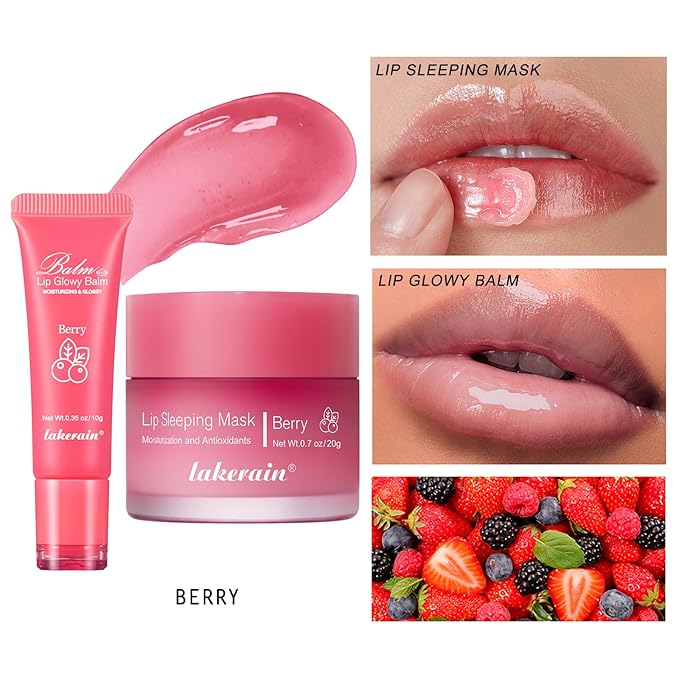 2Pcs Lip Glowy Balm and Lip Sleeping Mask Set, with 4 Flavor Options - Reduce Lip Lines, Enhance Lip Color, Hydrate & Plump Dry Chapped Lips Care (Berry)