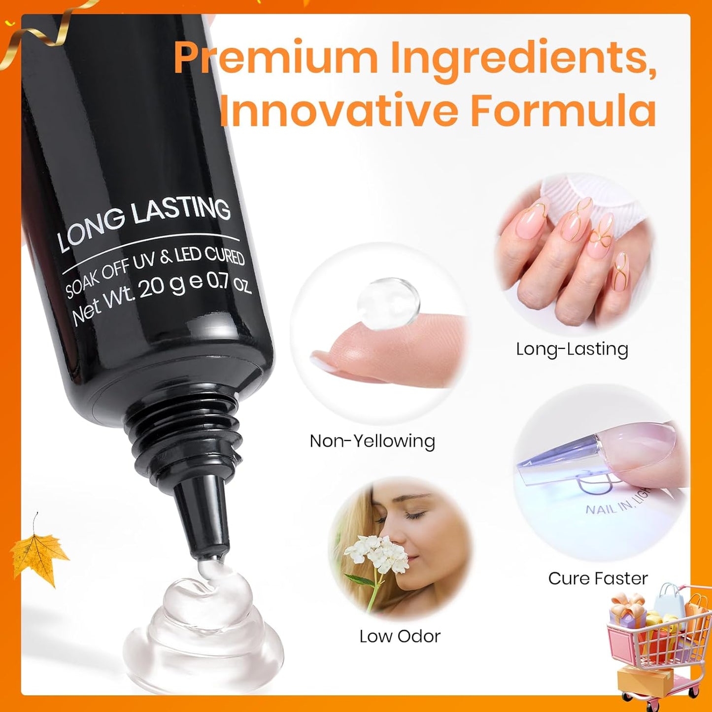 Beetles 2Pcs*20g Solid Nail Glue Gel, Tipex Soft Nail Tips Glue Super Strong for Acrylic Nails Extension Fake Nails Press On Nails, Fall Halloween Nails, U V Light Required