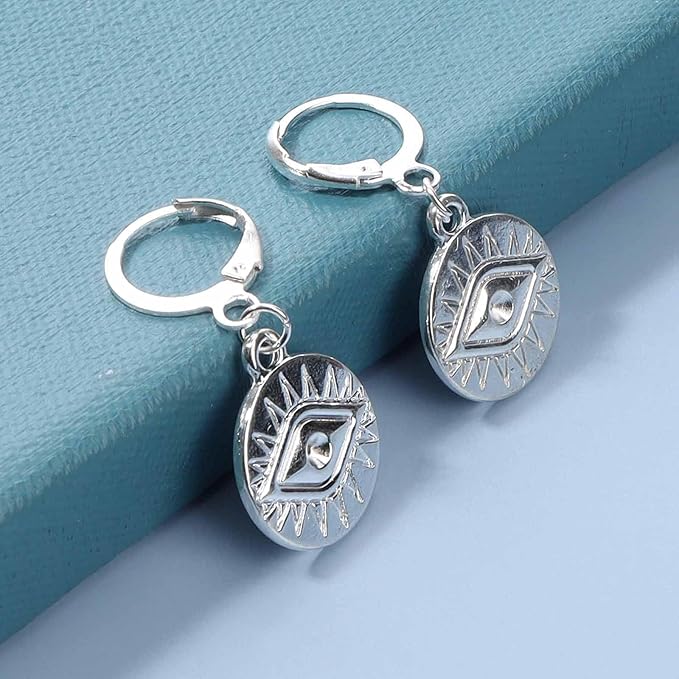 Evil Eye Coin Earrings Silver Disc Drop Earrings Evil Eye Hoop Earrings Vintage Lucky Charm Earrings Jewelry for Women and Girls
