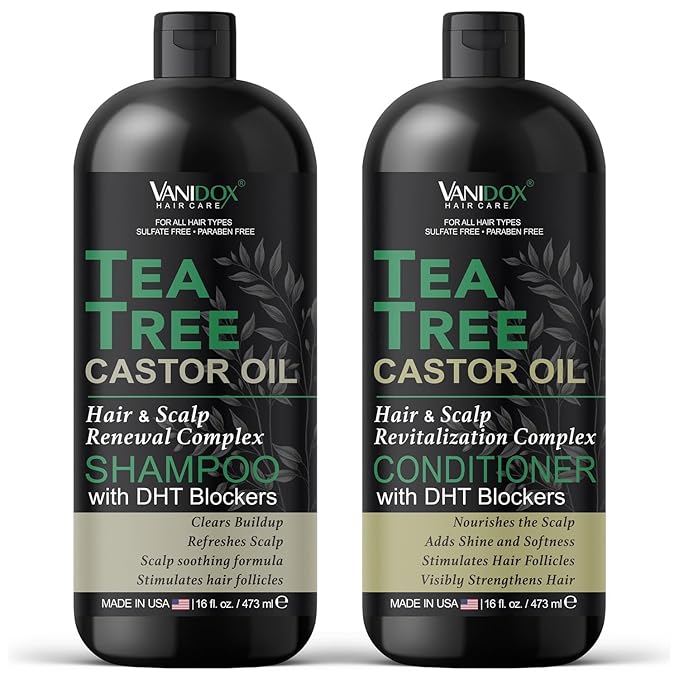 Tea Tree Oil Shampoo and Conditioner Set with Castor Oil, DHT Blockers, Itchy Scalp Relief, Supports Fuller Hair, Cleanses Dandruff & Buildup, For Men & Women, Made in USA, 16 fl oz Each