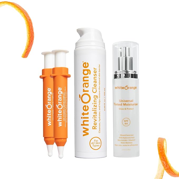 White Orange Full System 3 Step Skincare Routine Premium Anti-Aging Regimen Bundle For Healthy Glowing Skin - Revitalizing Cleanser, Advanced Vitamin C Serum & Universal Tinted Moisturizer with SPF 44