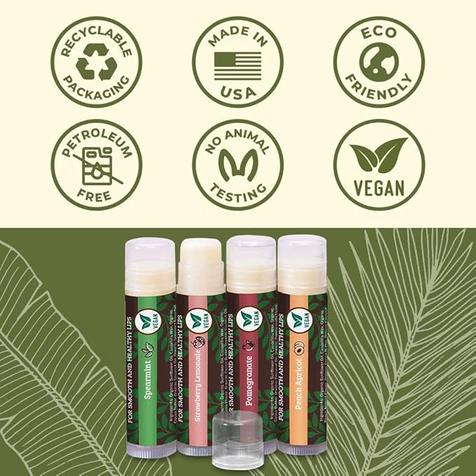 Vegan Lip Balm by Earth’s Daughter, Beeswax Free Lip Balm, Natural, Organic Flavors - 4 Pack of Assorted Flavors, Plant Based Vegan Chapstick, Lip Moisturizer