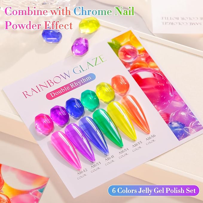 Double Rhythm 6 Pcs 15 ML Gel Polish Set Same Color Same Bottle Soak Off Jelly Neon Gel Polish Kit Nail Art Manicure Salon DIY at Home (Pink Purple Blue Green Yellow Green-T6-50)