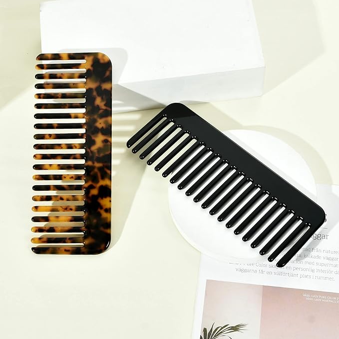 Fsmiling Wide Tooth Comb Large Detangling Comb Cellulose Detangler Comb for Thick Curly Wavy Wet Dry Hair 2 Pack,Black/Tortoise