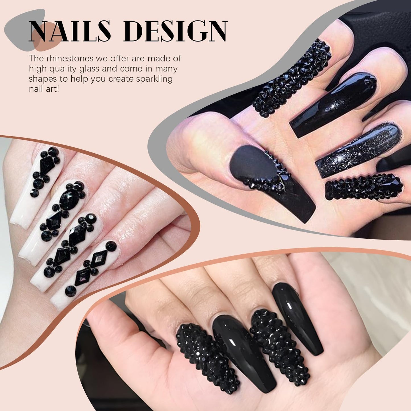3220Pcs Black Glass Nail Rhinestones 120Pcs Multi Shapes Flatback Nail Gems + 3100Pcs 1.5-4mm Round Crystal with Rhinestones Glue Gel, Manicure Nail Charms Diamond Gemstones for Nail Art